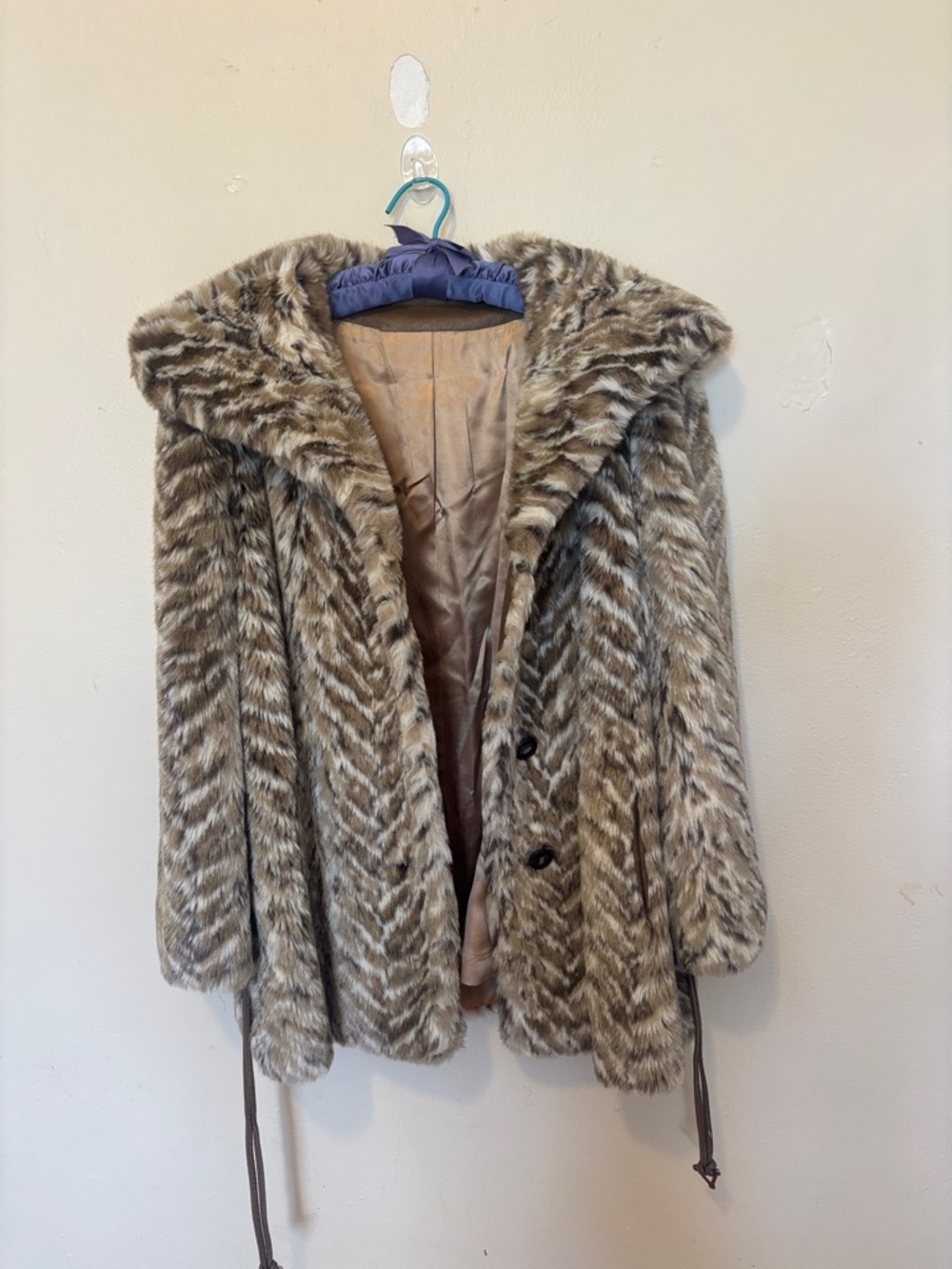 Zebra-Pattern Faux Fur Teddy Jacket in Taupe & Cream with Hood